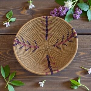 Hand Woven Coiled Basket – Tribal Boho Decor – Pink & Purple Accents